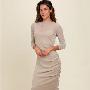 Beige Shimmer Mesh Long Sleeve Ruched Maternity Midi Dress